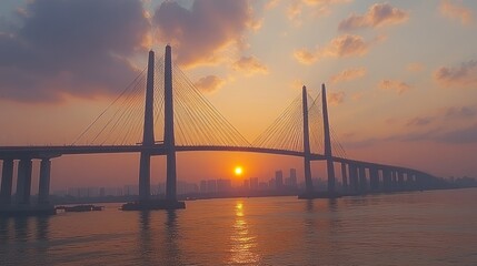 Sunset over the majestic cable-stayed bridge, a breathtaking view of urban landscape meeting tranquil waters during golden hour