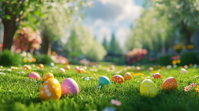 Colorful easter egg hunt in a lush garden setting for holiday celebrations