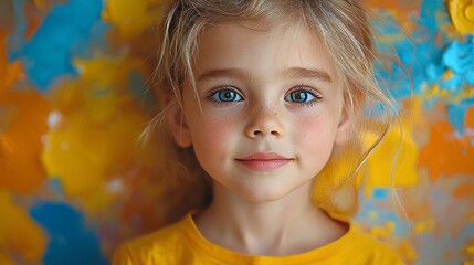 A little boy holds a paintbrush with a colorful canvas in the background, relishing an art class aimed at sparking his creativity