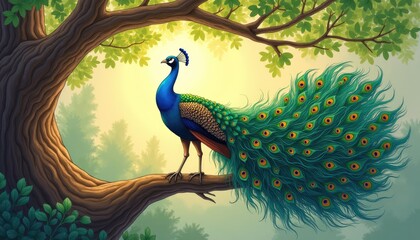 Obraz premium A wild peacock bird standing on a tree branch. Peacocks, baby peacock wallpaper
