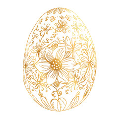 Vector Freehand golden linear Easter egg with an intricate floral pattern in line art style scribble isolated on white background. Texture of writing materials. Handwritten doodles and pencil strokes.
