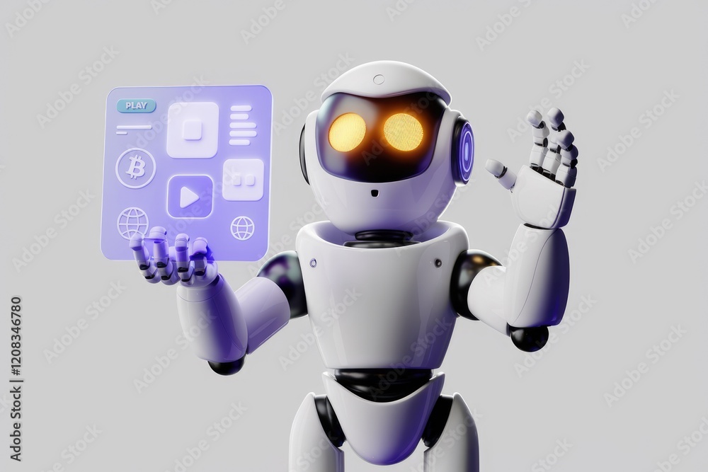 Poster a friendly robot interacts with a futuristic interface showcasing multimedia, cryptocurrency, and gl