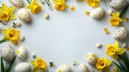 Easter egg and daffodil flat lay frame for festive spring celebrations and decorations