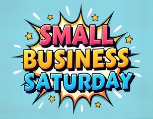 Colorful comic book style text Small Business Saturday. Promotion for businesses. Marketing campaign. Saturday event. Support small local business. Sales promotions. Holiday shopping. Boosting small