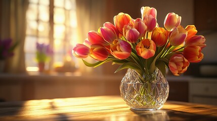 Vibrant Tulip Bouquet in Crystal Vase on Rustic Table