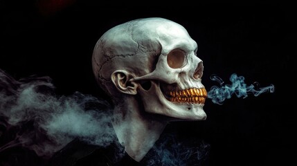 An artistic representation of a skull exhaling smoke, featuring golden teeth that blend a macabre aesthetic with a touch of whimsical creativity and depth to evoke contemplation.