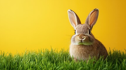 Fototapeta premium Cute easter bunny on vibrant yellow background with green grass