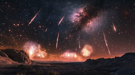 Spectacular Fireworks Under a Starry Night Sky