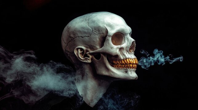 An artistic representation of a skull exhaling smoke, featuring golden teeth that blend a macabre aesthetic with a touch of whimsical creativity and depth to evoke contemplation.