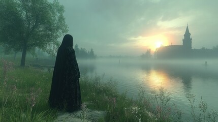 Mysterious Figure by Misty Lake at Sunrise, Ancient Castle in the Distance