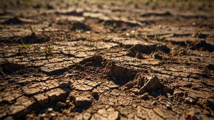 Fototapeta premium Cracked Dry Earth with Sparse Green Plants in Crevices, Arid and Dry Landscape Under Natural Sunlight 