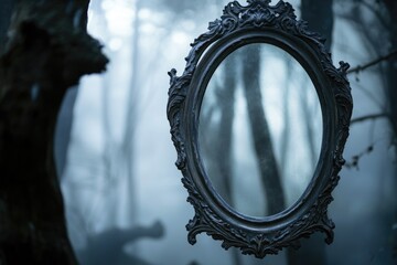 Obraz premium A mirror hung from a tree branch in a dense forest, perhaps used for decoration or as a symbol