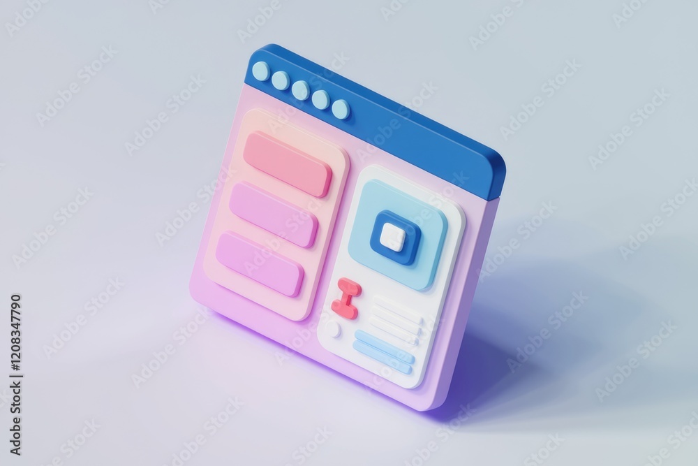 Aufkleber A 3D render of a pastel-colored website interface with buttons and information boxes.