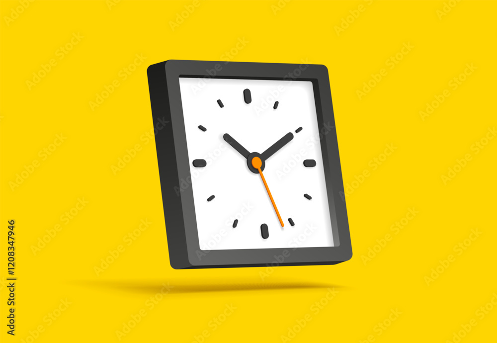 Wall mural rounded squre clock icon in 3d flat style, black rectangle timer on yellow background. business watc