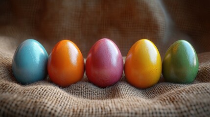 Vibrant easter eggs displayed on burlap background for festive decor