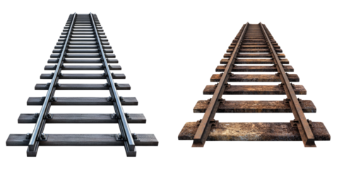 Steel railways isolated on transparent background, PNG die-cut, Set of