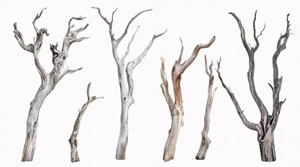 Collection of Isolated Dead Trees and Dry Branches on White Background