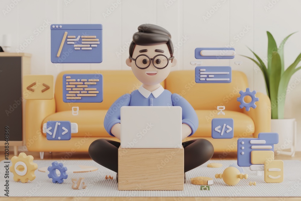 Poster A 3D illustration of a programmer working on a laptop, surrounded by coding symbols.
