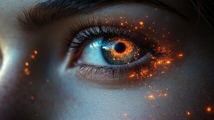 A detailed shot of a human eye featuring a holographic display that reflects light, suggesting advanced technology or augmented reality