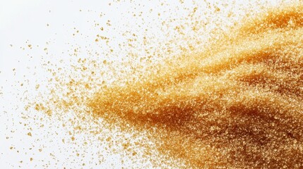 Close-up of golden brown sugar particles in motion against white background