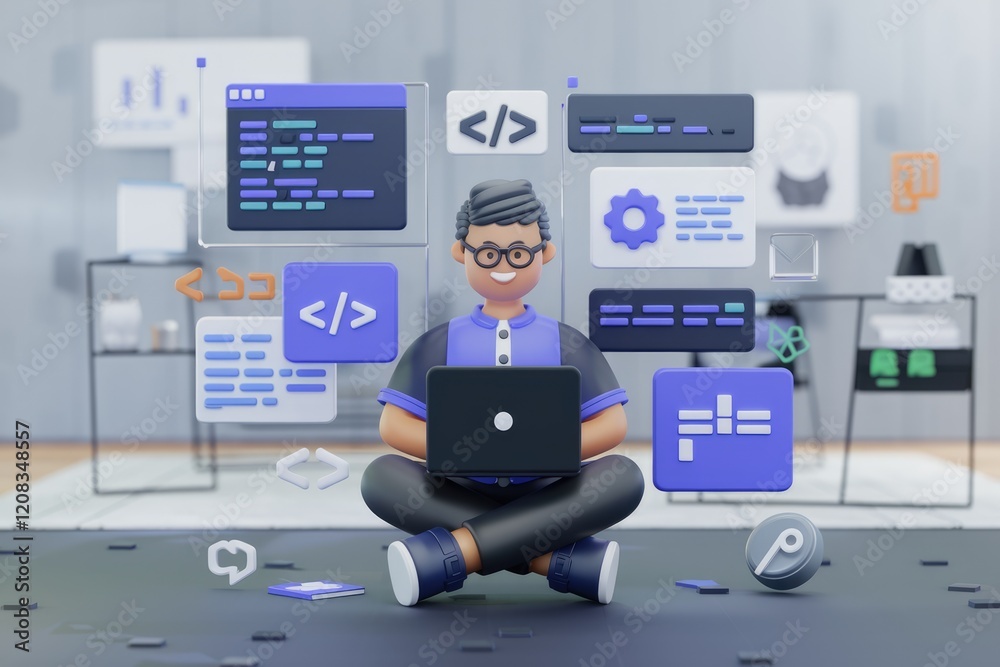 Poster A 3D cartoon programmer sits cross-legged, working on a laptop surrounded by code snippets and programming symbols.