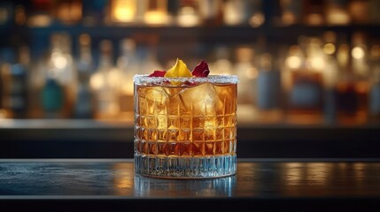 Elegant Amber Cocktail: A Luxurious Drink Garnished with Delicate Rose Petals and Lemon Twist,  Served in a Cut Glass Rocks Glass on a Dark Bar Top, Backlit by a Warm, Blurred Bar Setting.