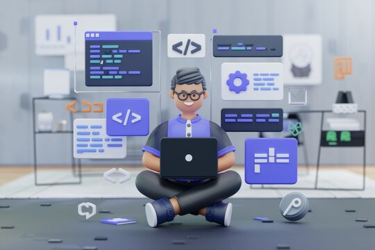 A 3D cartoon programmer sits cross-legged, working on a laptop surrounded by code snippets and programming symbols.