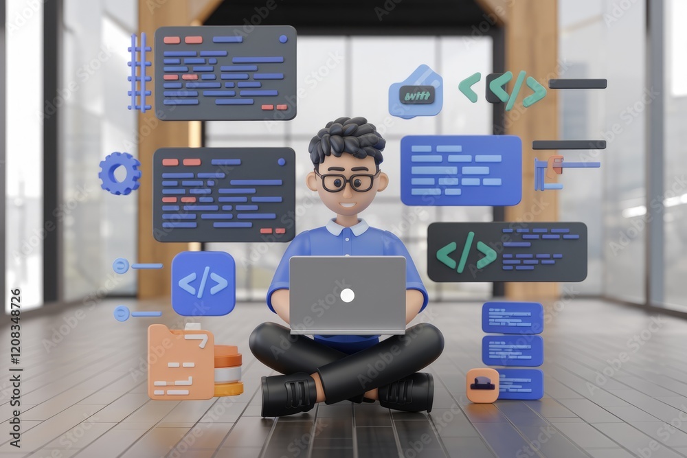 Aufkleber A 3D cartoon programmer sits cross-legged, coding on a laptop surrounded by code snippets and programming symbols.