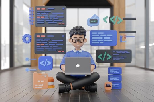 A 3D cartoon programmer sits cross-legged, coding on a laptop surrounded by code snippets and programming symbols.