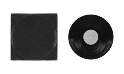 vinyl record mockup isolated on transparent background, separated sleeve and disc with empty space for music cover design