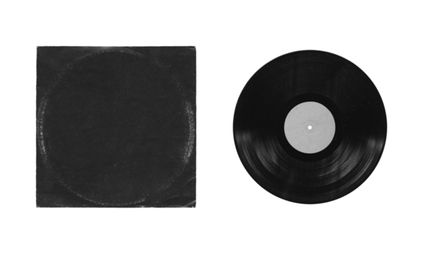 vinyl record mockup isolated on transparent background, separated sleeve and disc with empty space for music cover design