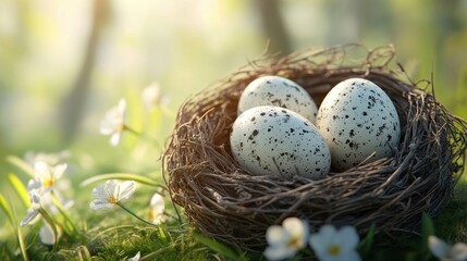 Obraz premium Easter celebration with painted eggs in bird's nest on a sunny spring day