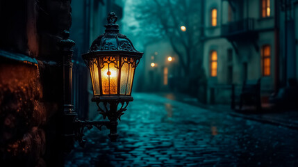Ornate Victorian lantern illuminating dark cobblestone street, warm light in foggy atmosphere