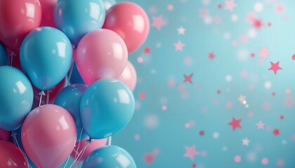 Pink, blue balloons float against light blue backdrop with bokeh effects, scattered pink, white stars. Festive, celebratory theme. Ideal for party invitations social media posts. Colorful balloons in