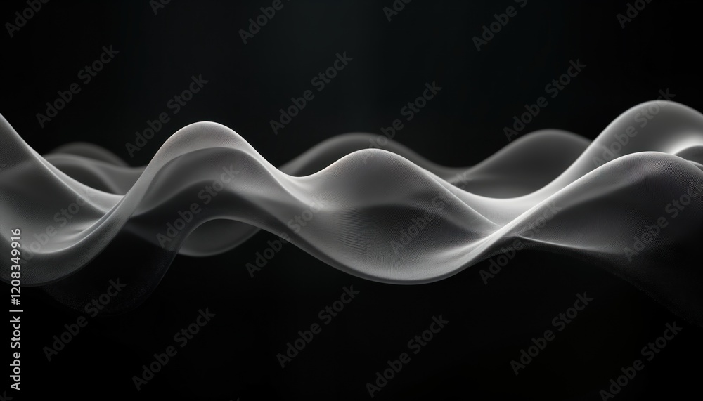 Poster abstract illustration displays flowing wave patterns. gray net texture creates dynamic curves on bla
