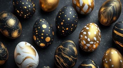 Elegant easter holiday celebration banner with gold and black decorated eggs for greeting card design