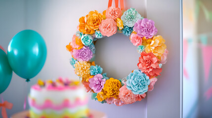 A vibrant paper flower wreath hangs against a white door, adding a cheerful touch to a birthday party scene with balloons and a cake.