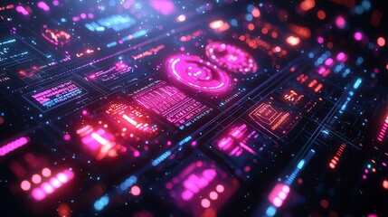 Futuristic digital interface with glowing neon elements and data streams.