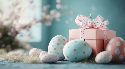 Charming easter scene with colorful eggs and gift box for celebration and décor