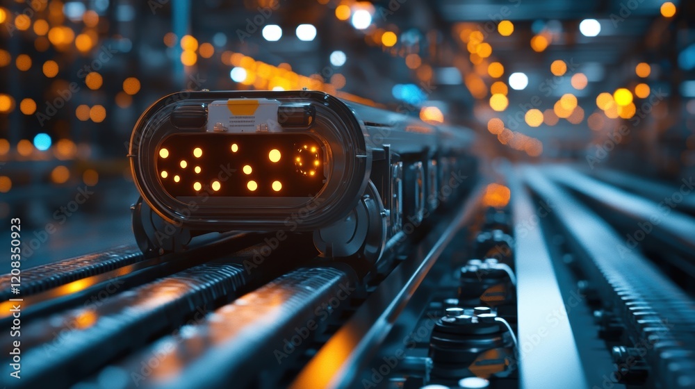 Poster futuristic automated guided vehicle - agv - with glowing lights moving on an assembly line in a mode