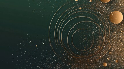 Obraz premium This image features a cosmic theme with golden rings and sparkling particles against a deep green backdrop, symbolizing infinity, creativity, and the unknown depths of space.