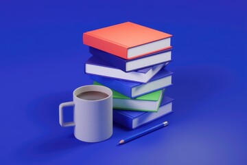 A stack of colorful books sits beside a coffee mug and pencil, suggesting a study or reading session.