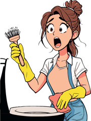 Shocked woman cleaning toilet wearing gloves and holding brush and sponge