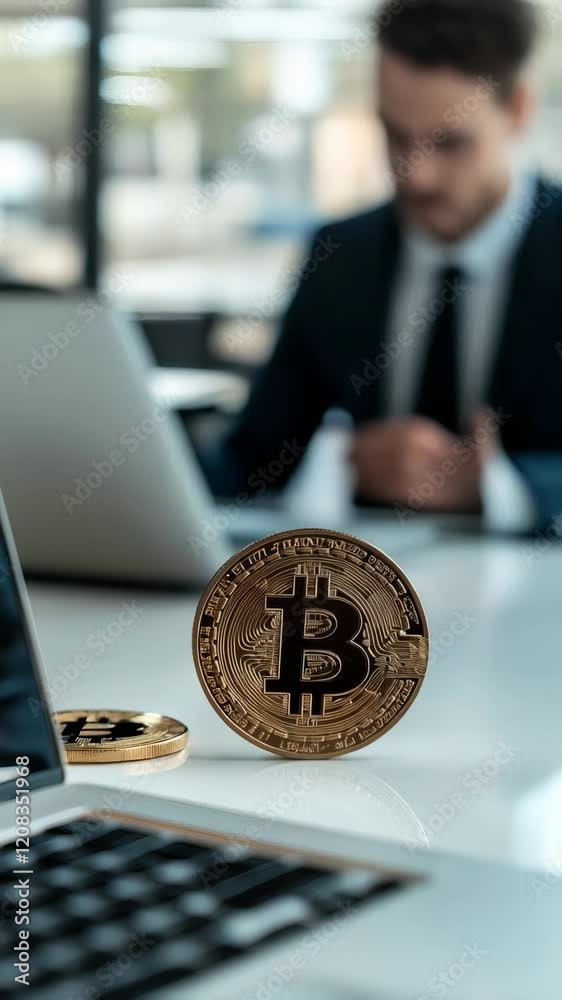 Poster displaying bitcoin cryptocurrency coins on a desk while a businessman analyzes investment opportunit