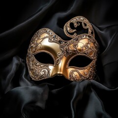 A gold masquerade mask on a black cloth, ideal for use in historical or theatrical settings