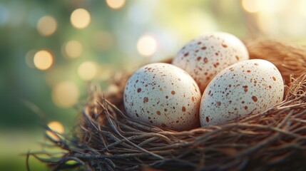 Obraz premium Close up of speckled easter eggs nestled in a bird's nest for spring celebration decor