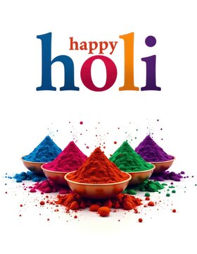 Colorful bowl of powder with the words Happy Holi written above it. Concept of celebration and joy, as it is associated with the Hindu festival of Holi