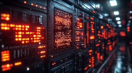 Futuristic server room with glowing red lights and data displays.