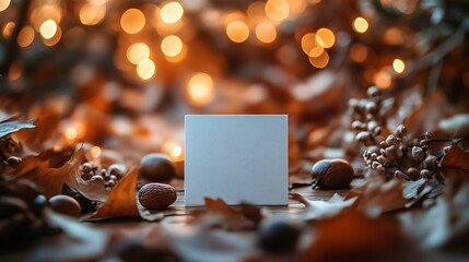Obraz premium Blank Card Amidst Autumnal Leaves and Warm Lights