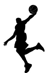Dynamic silhouette of a basketball player soaring through the air for a slam dunk. The high-contrast black and white design highlights the athletic motion, making it perfect for sports-themed graphics